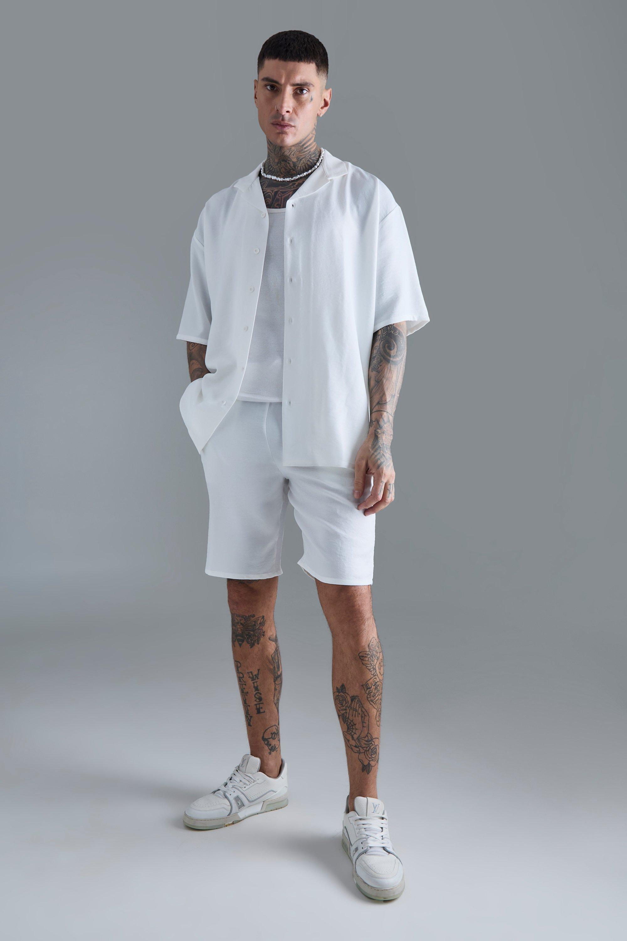 Mens Tall Short Sleeve Drop Revere Linen Shirt & Short Set In White, White Product Image