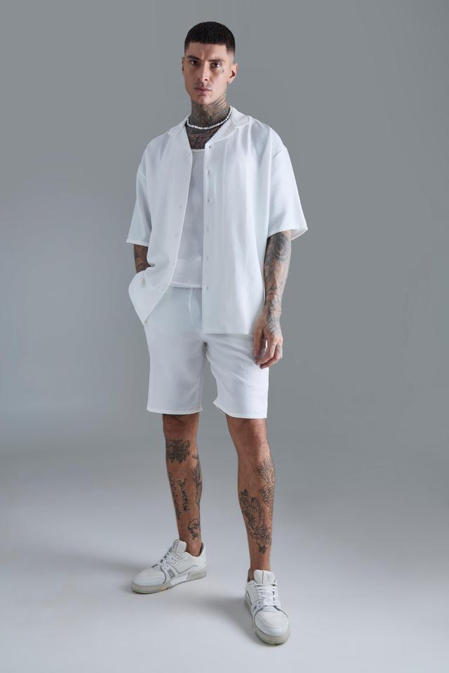 Mens Tall Short Sleeve Drop Revere Linen Shirt & Short Set In White, White Product Image