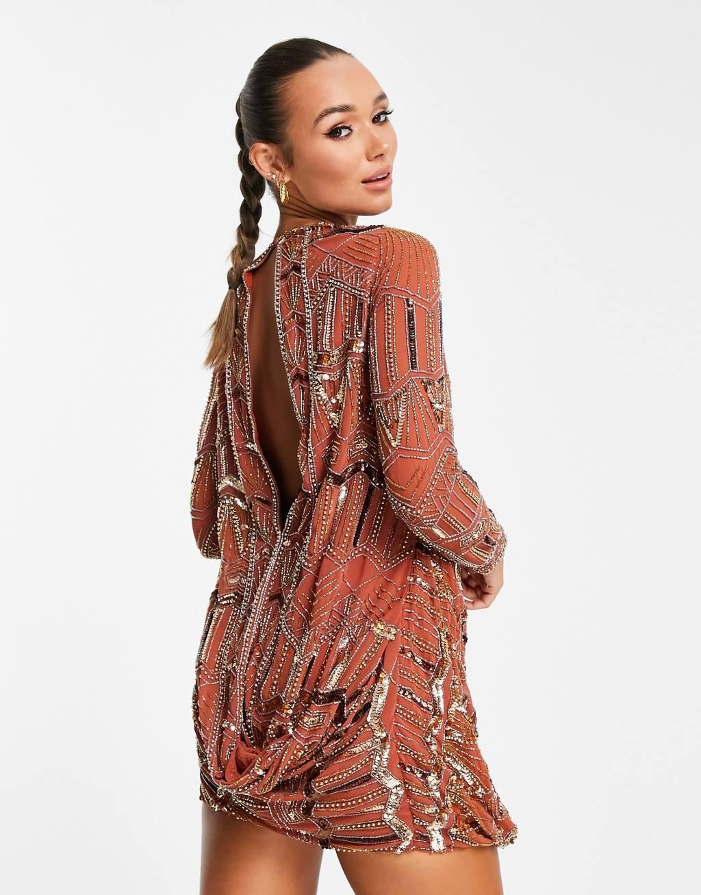 ASOS DESIGN embellished shift mini dress with drape front detail in rust Product Image