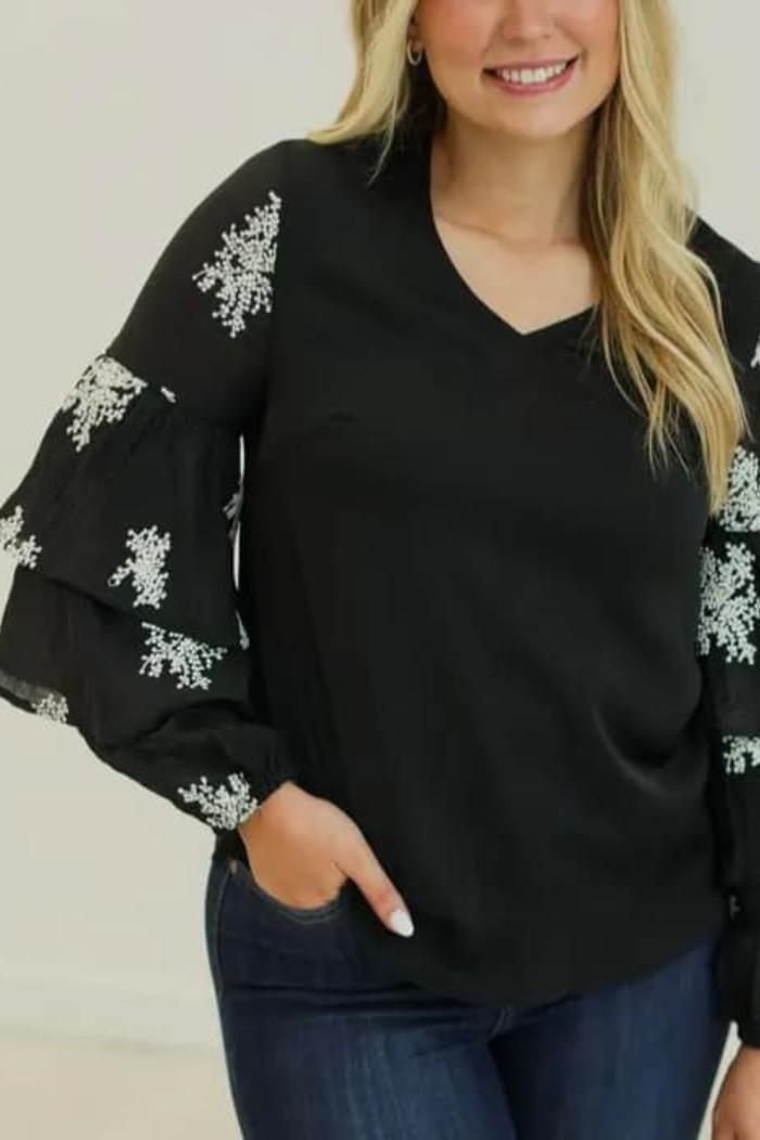 Embroidered Tiered Sleeve Top Product Image