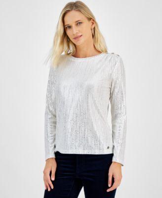 Tommy Hilfiger Womens Metallic Long-Sleeve Top - Ivory product image