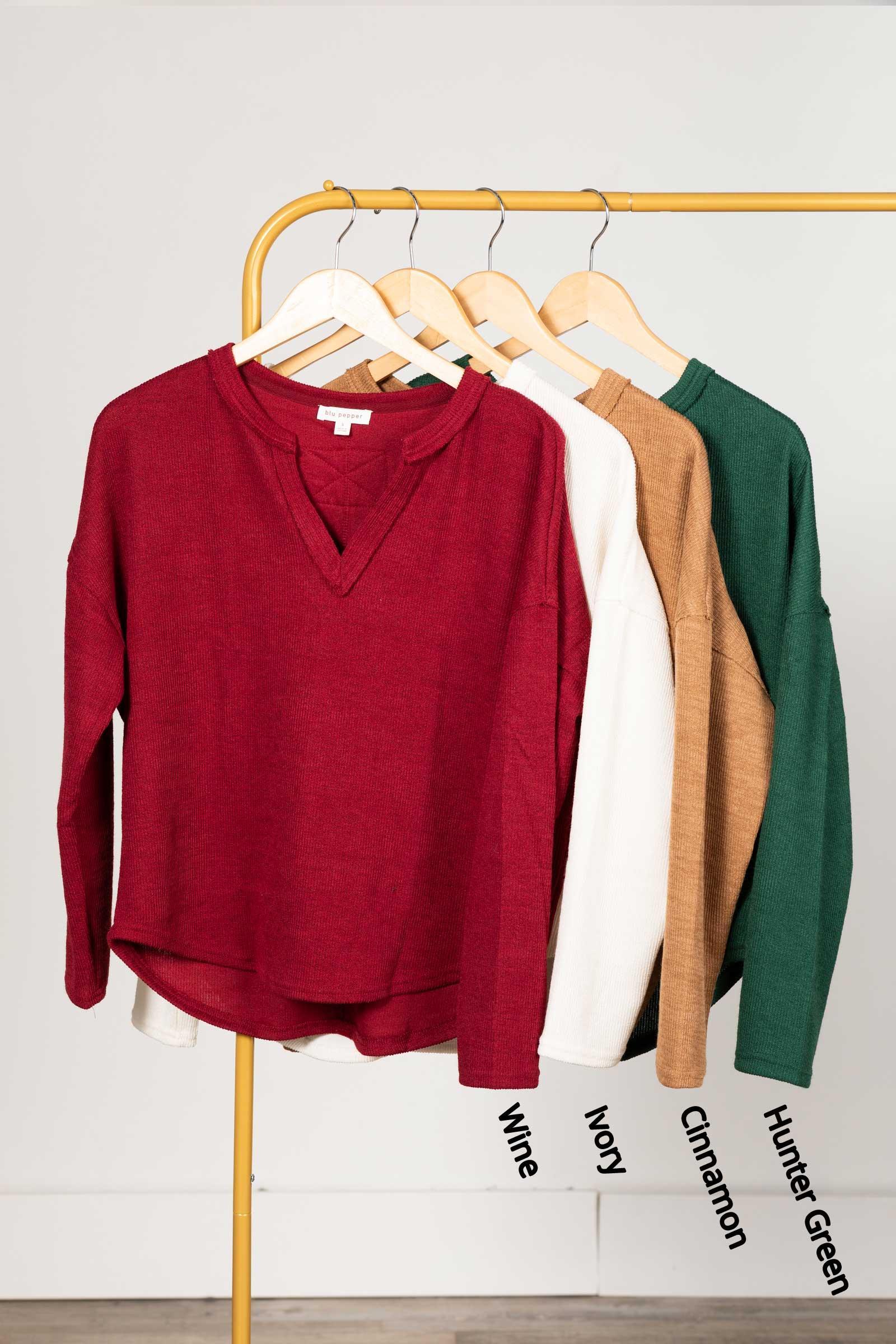 Solid Notch Long Sleeve Knit Top Product Image