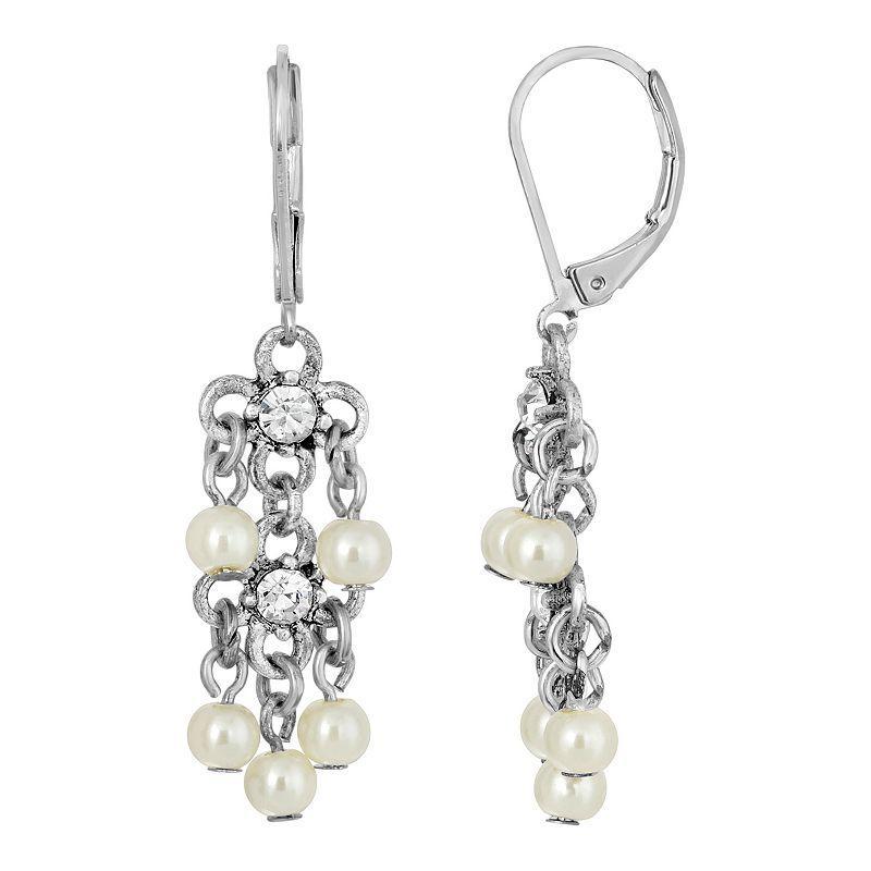 1928 Silver Tone Simulated Crystal & Faux Pearl Chandelier Drop Earrings, Womens, White Product Image