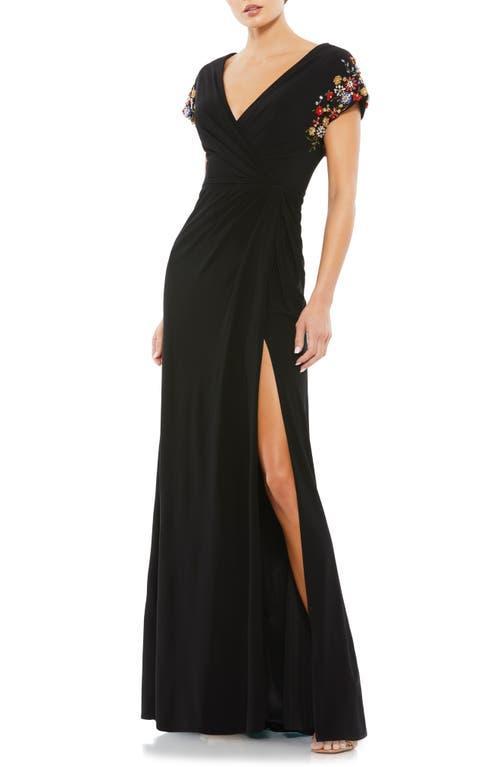 Mac Duggal Beaded Sleeve Faux Wrap Gown Product Image