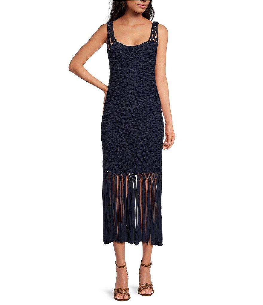 Skies Are Blue Knit Crochet Fringe Square Neck Sleeveless Midi Dress product image