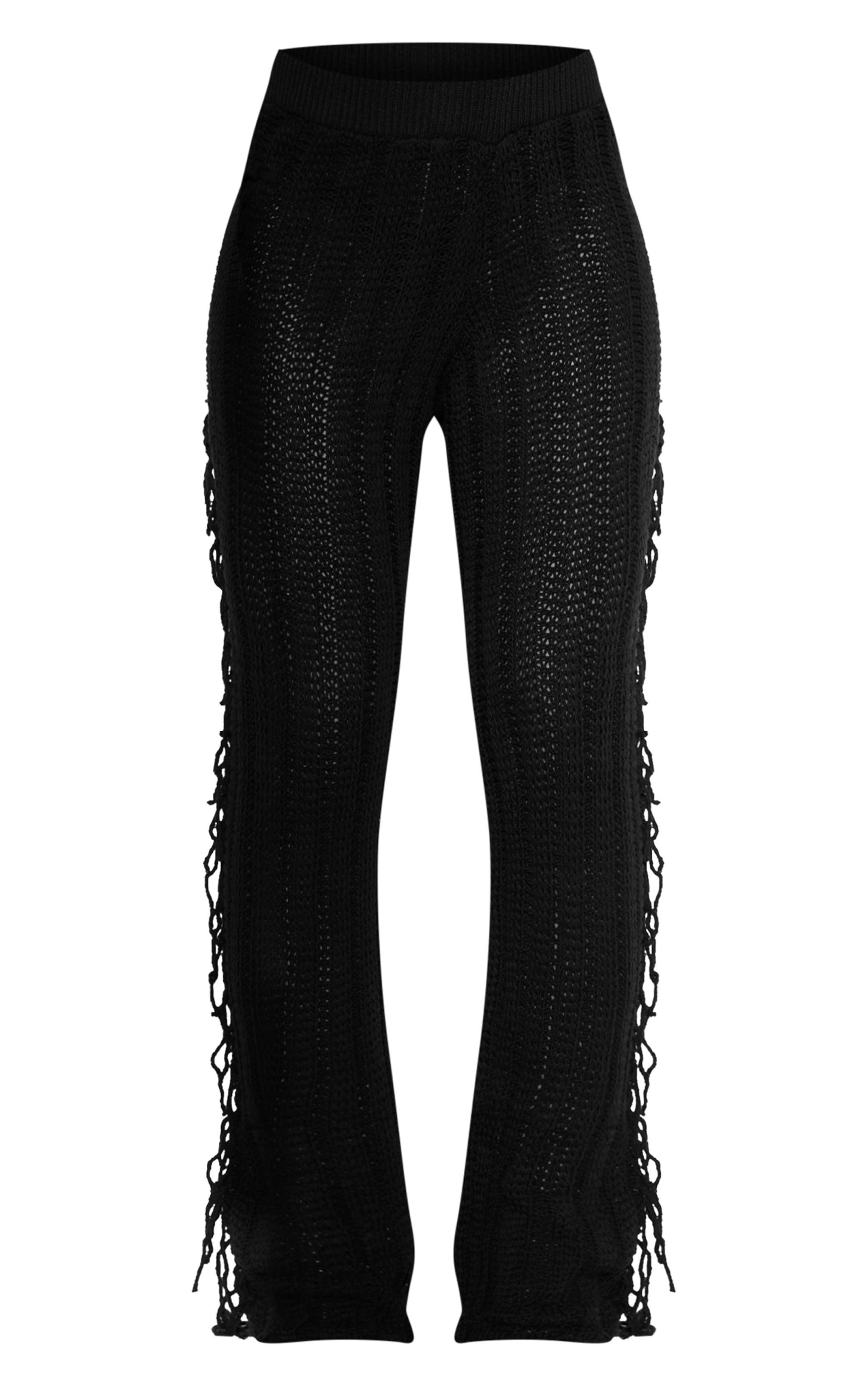 Black Tassel Crochet Wide Leg Pants Product Image