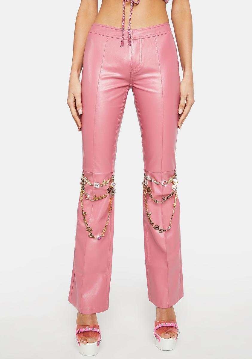 No Dress Rose Pink Slim Leather Pants With Chains Product Image