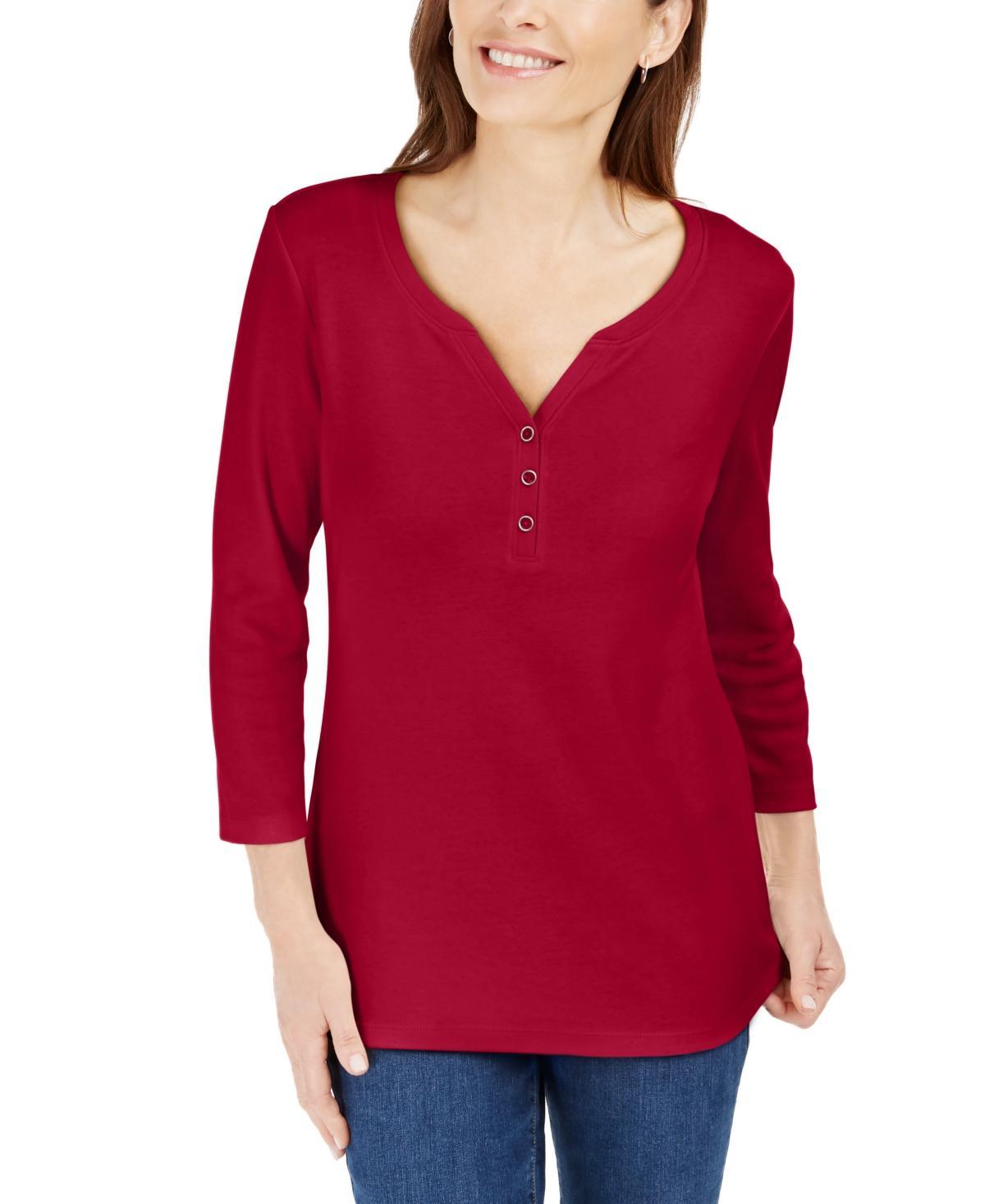 Karen Scott Petite 3/4-Sleeve Henley Shirt, Created for Macys Product Image