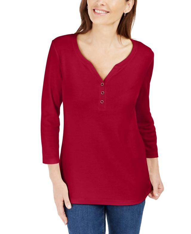 Karen Scott Petite 3/4-Sleeve Henley Shirt, Created for Macys Product Image