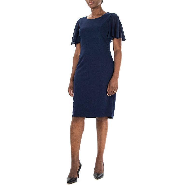 Womens Nina Leonard Jewelneck Flutter Sleeve Sheath Dress Blue Product Image