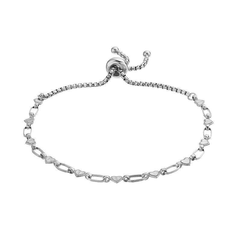 Kristen Kesho Sterling Silver Heart Link Adjustable Bolo Bracelet, Womens Grey Product Image