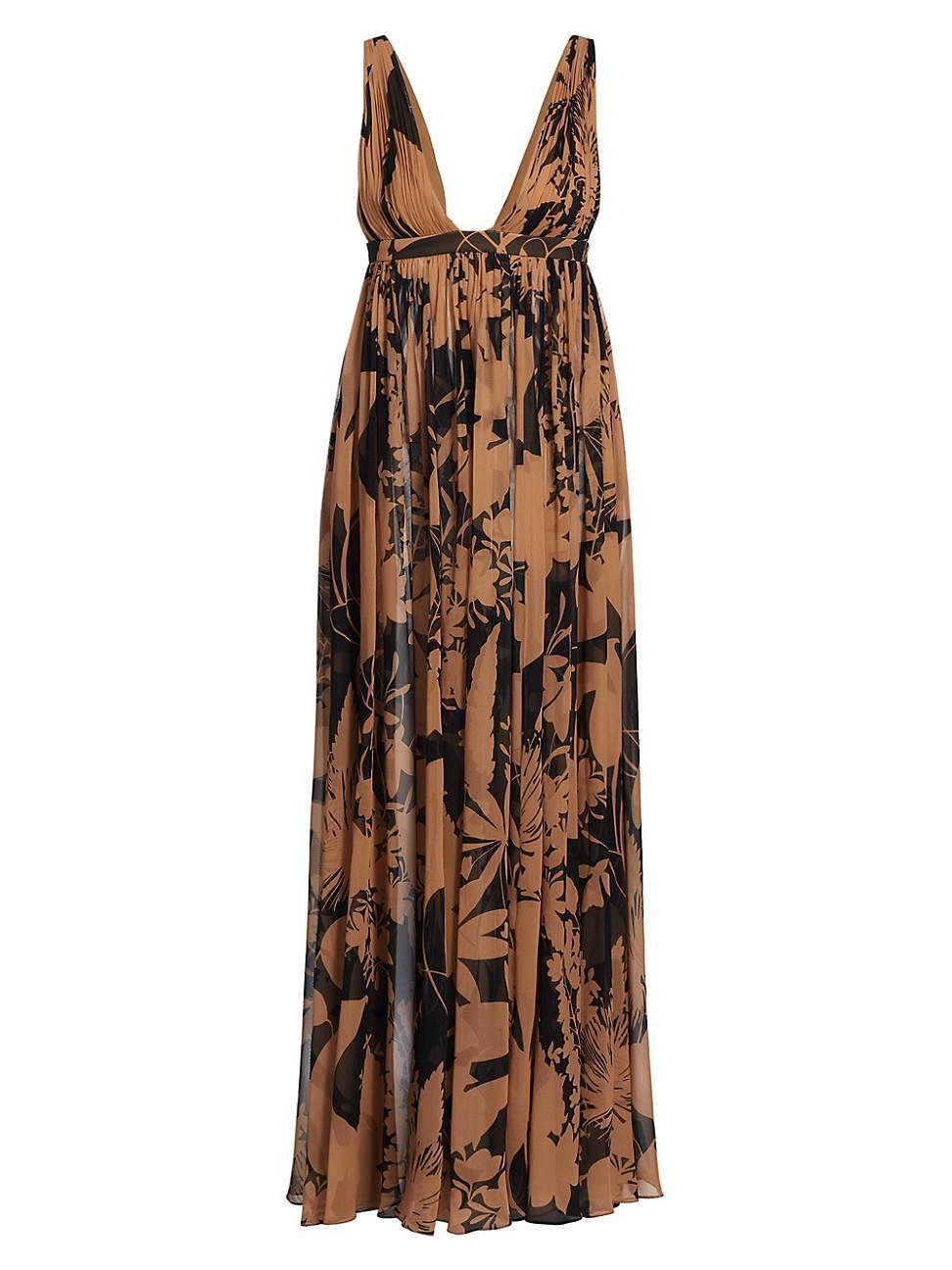 Womens Printed Silk V-Neck Gown Product Image