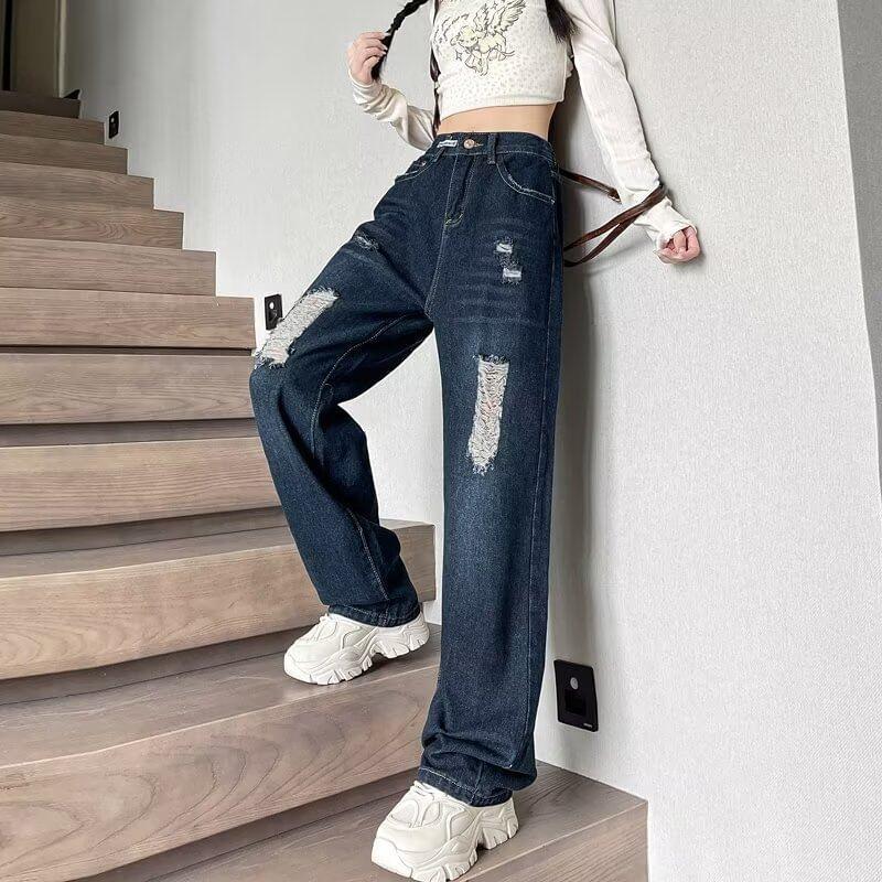 High Waist Distressed Wide Leg Jeans Product Image