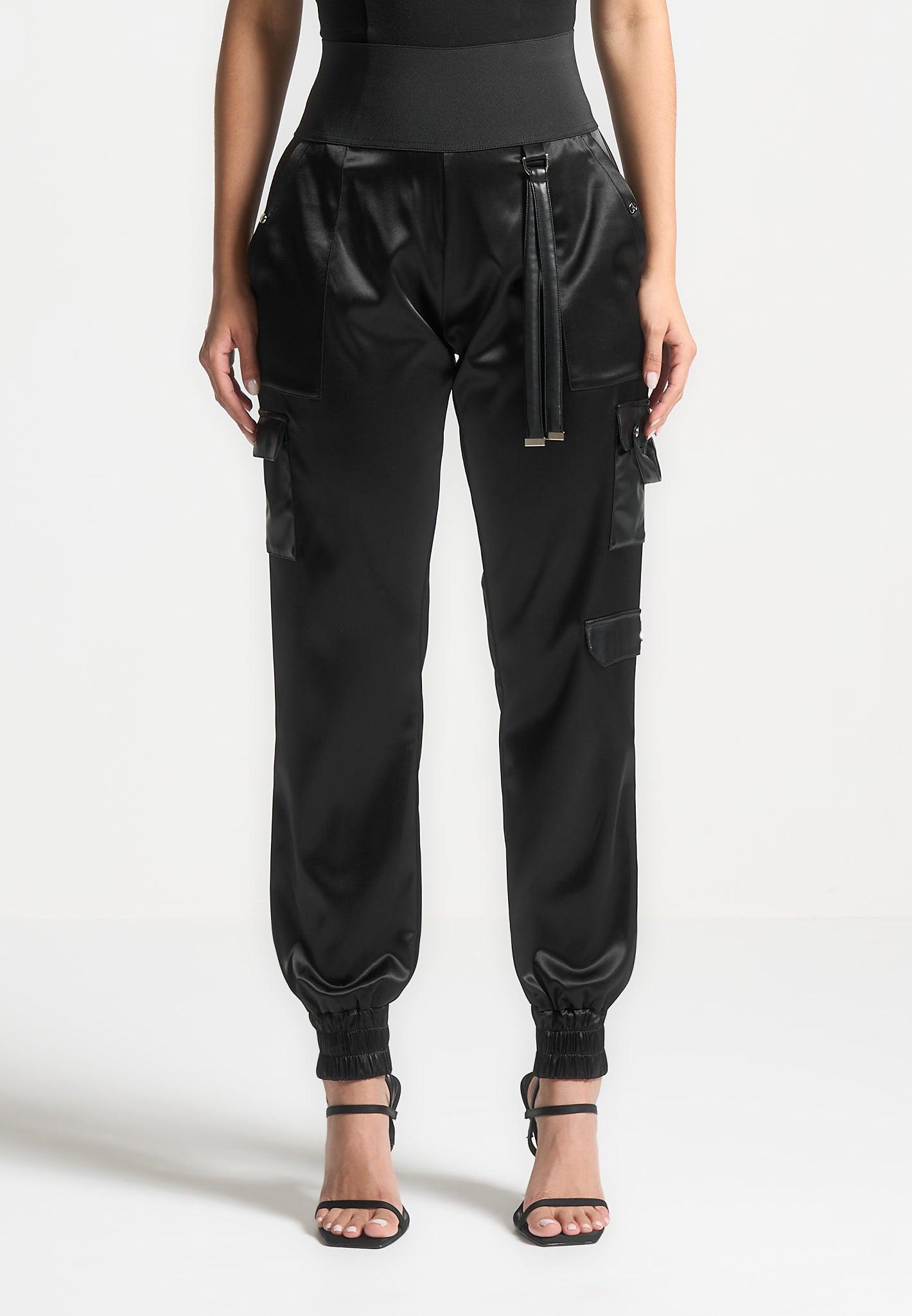 High Waisted Satin Cargo Trousers - Black Female Product Image