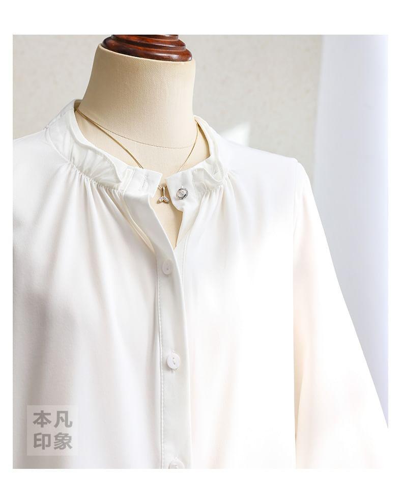 Long Sleeve Band Collar Plain Shirt Product Image