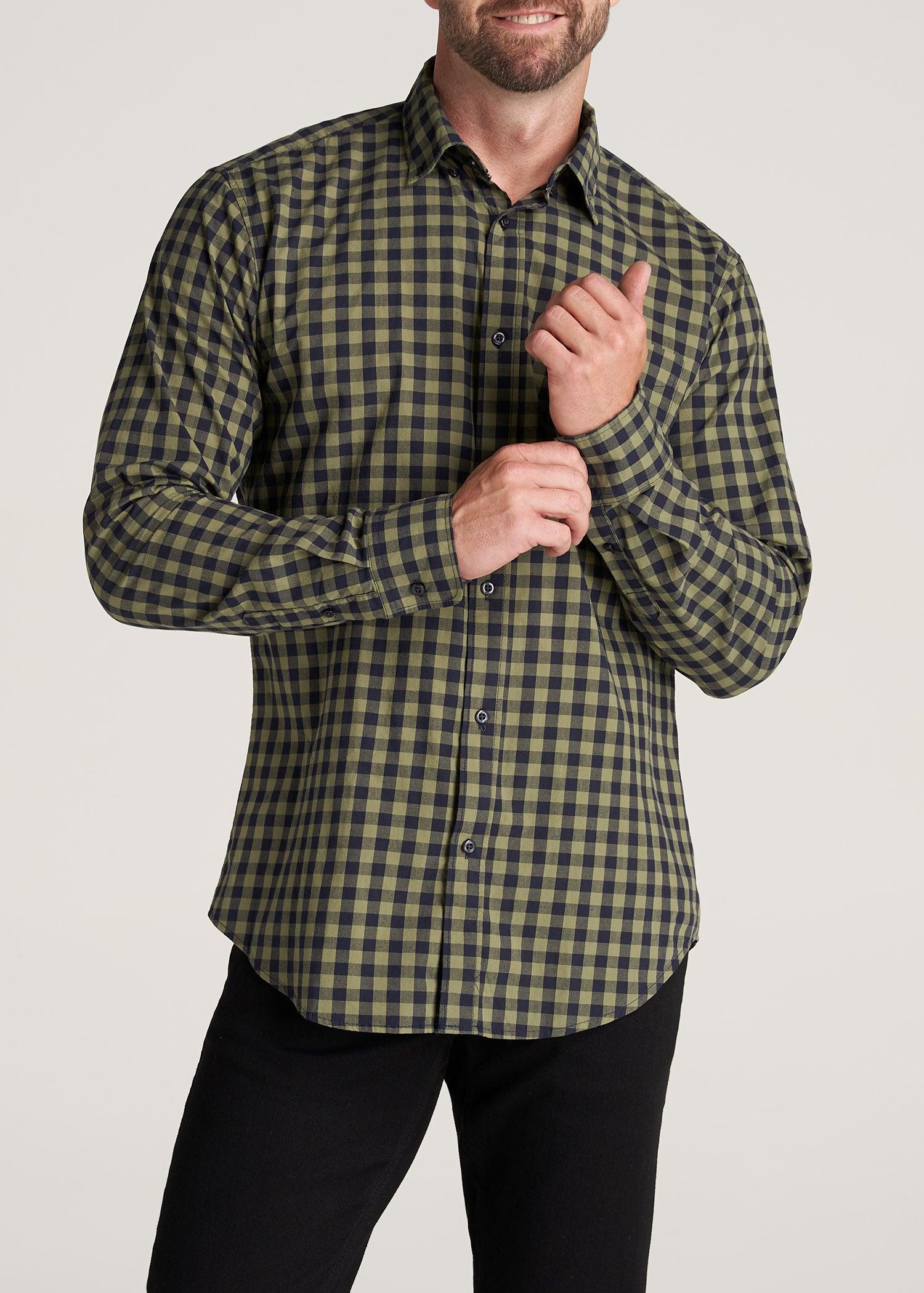 Soft-Wash Button-Up Shirt for Tall Men in Midnight Blue & Olive Green Plaid product image