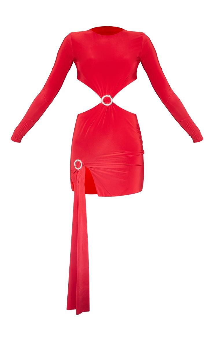 Red Slinky Cut Out Diamante Trim Draped Mini Dress Product Image