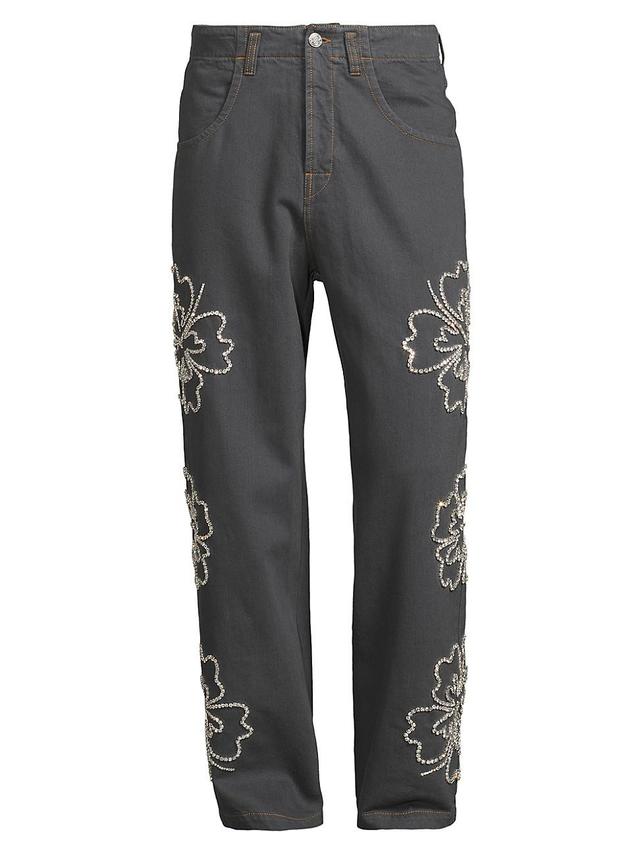 Mens Floral-Embellished Baggy Denim Pants Product Image