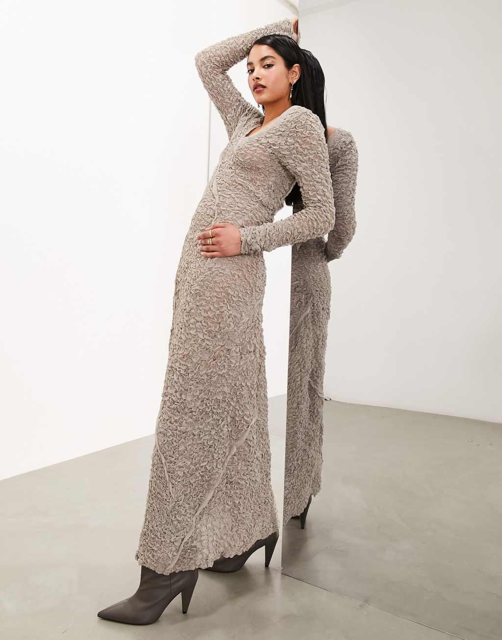 ASOS EDITION textured crinkle scoop neck maxi dress with seam detail in oatmeal Product Image