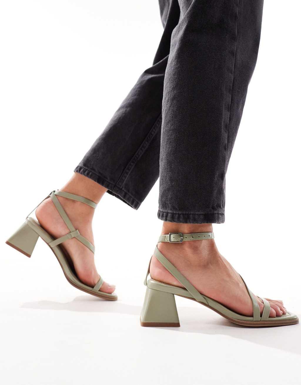 ASOS DESIGN Hibiscus asymmetric mid block heeled sandals in sage green Product Image