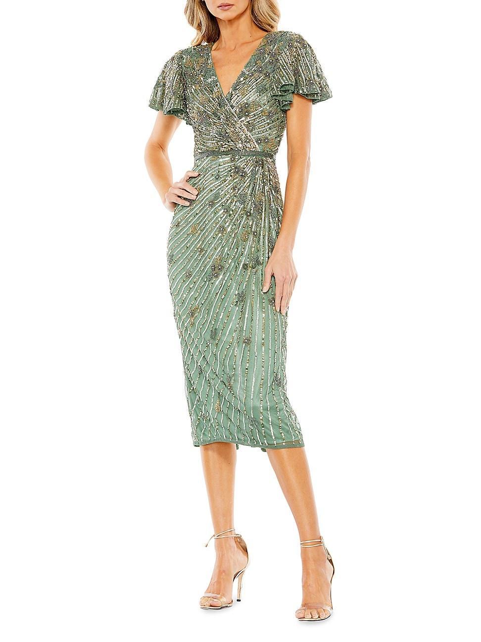 Womens Cocktail Beaded Faux Wrap Midi-Dress Product Image