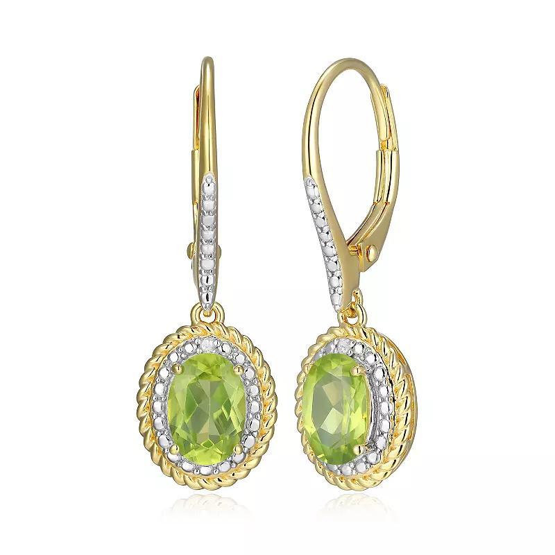 18k Gold Plated Sterling Silver Gemstone & Diamond Accent Halo Leverback Earrings, Womens, August Gen Peridot Product Image