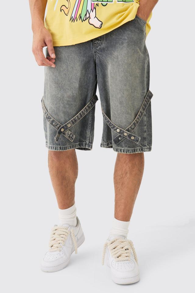 Elasticated Waist Strap Detail Denim Shorts In Antique Grey | boohooMAN USA Product Image