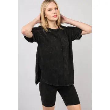 Black Washed Stretchy Knit Activewear Top & Shorts Female Product Image