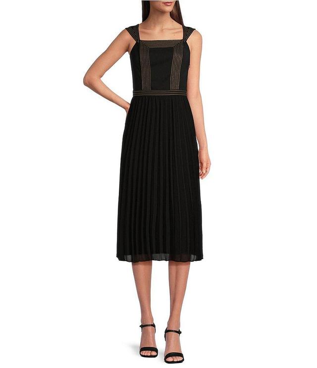 KARL LAGERFELD PARIS Matte Jersey Silky Crepe Square Neck Sleeveless Pleated Midi Dress Product Image