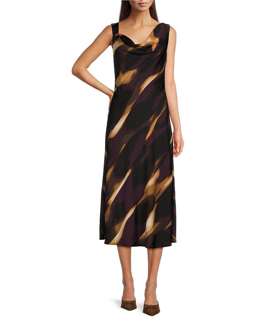 DKNY by Donna Karan Woven Printed Sheath Silhouette Drape Neckline Sleeveless Bow Detail Midi Dress Product Image