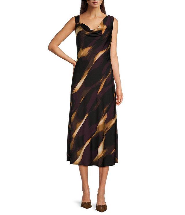 DKNY Woven Printed Sheath Silhouette Drape Neckline Sleeveless Bow Detail Midi Dress Product Image