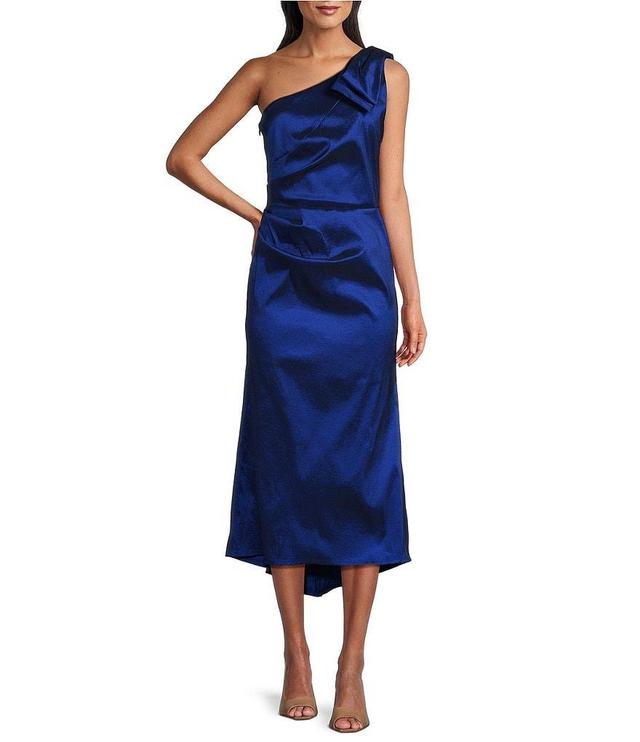 Marina Stretch Taffeta One Shoulder Bow Neck A-Line Midi Dress Product Image