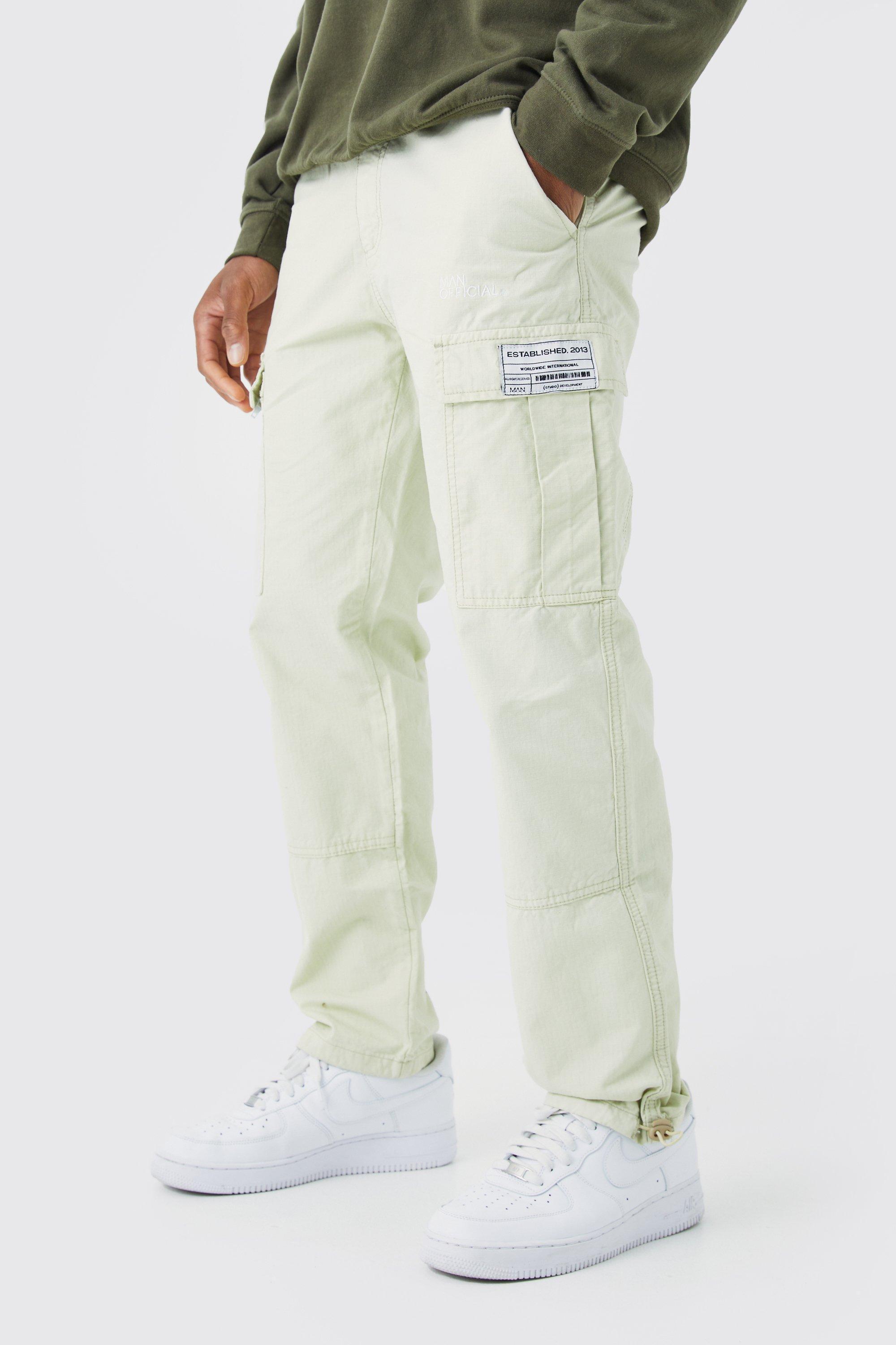 Mens Green Straight Leg Zip Cargo Ripstop Trouser With Woven Tab, Green Product Image