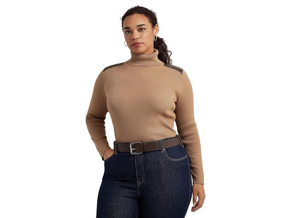 Lauren Ralph Lauren Plus Size Faux Leather Trim Ribbed Turtleneck (Classic Camel) Women's Sweater product image