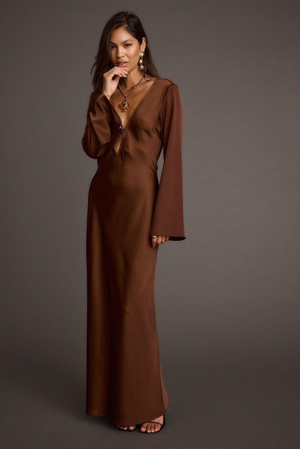 Strokes Mocha Long Sleeve Plunge Satin Maxi Dress Product Image