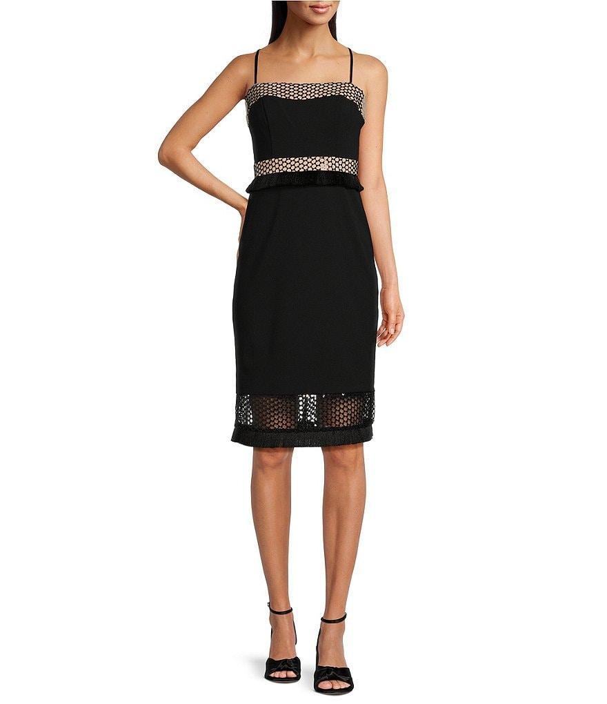 Adrianna by Adrianna Papell Crepe Metallic Net Fringe Square Neck Sleeveless Dress Product Image