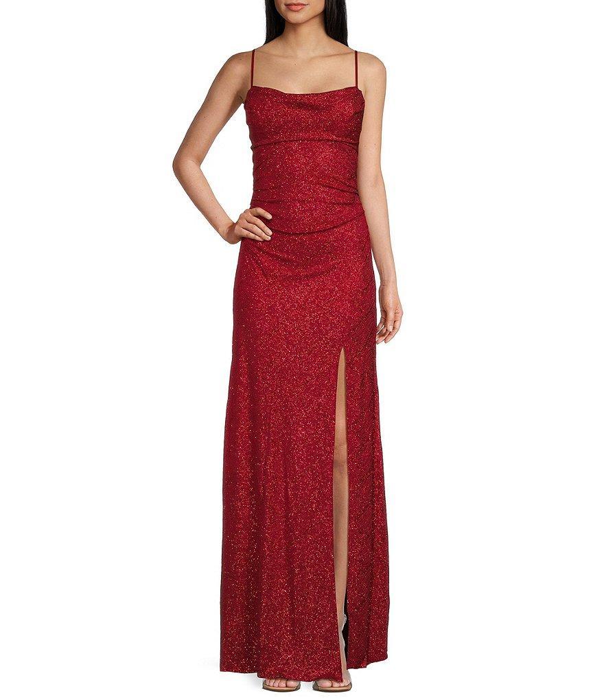 Honey and Rosie Glitter Cowl Neck Front Slit Long Dress Product Image