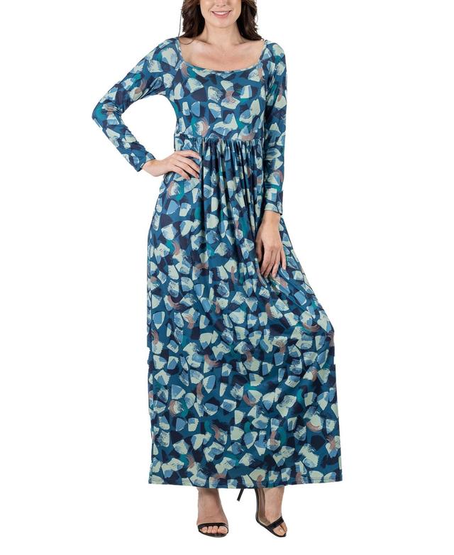 24seven Comfort Apparel Womens Abstract Long Sleeve Pleated Maxi Dress Product Image