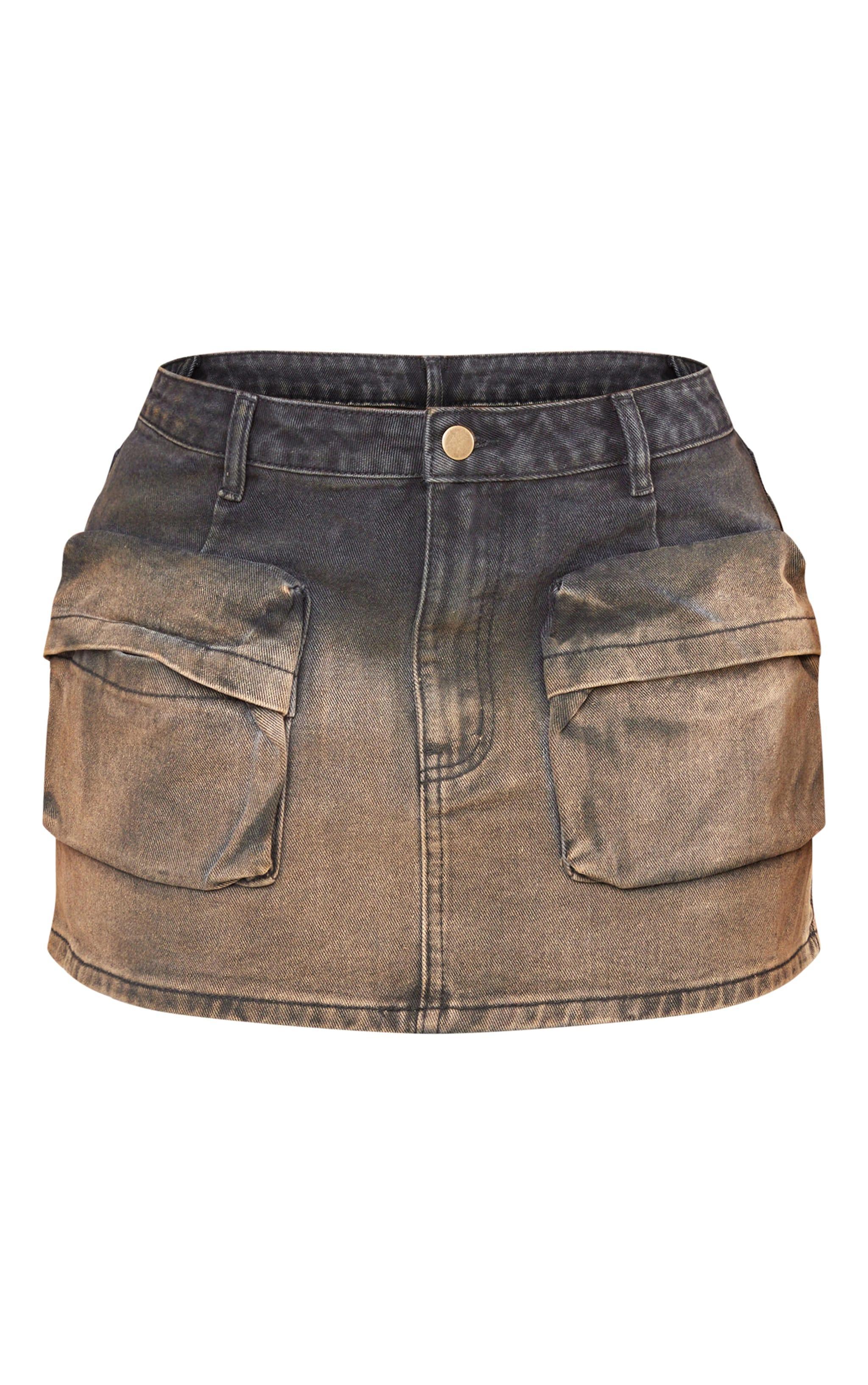 Shape Brown Denim Washed Pocket Mini Skirt Product Image