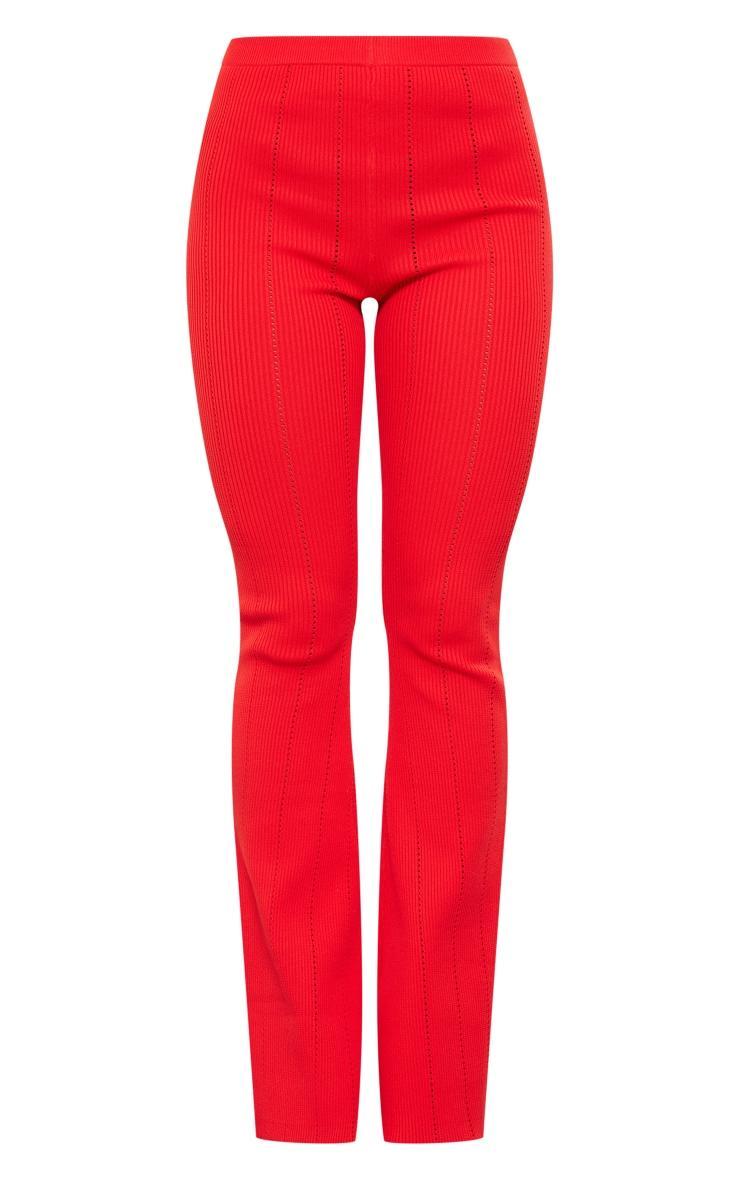 Red Rib Knit Flared Pants Product Image