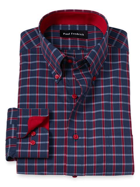 Non-Iron Cotton Plaid Dress Shirt With Contrast Trim - Navy/red Product Image