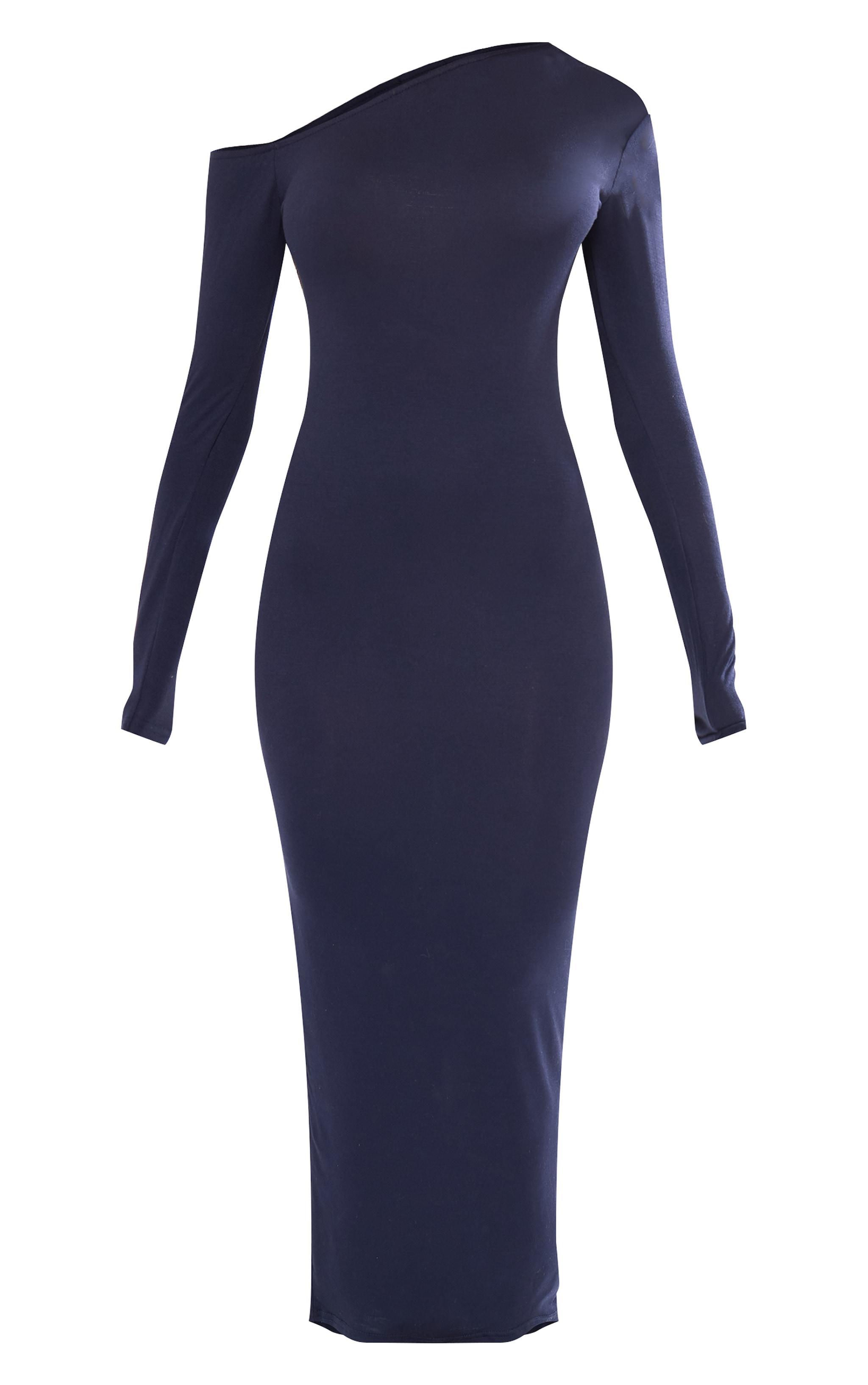 Navy Asymmetric Neck Split Detail Maxi Dress Product Image