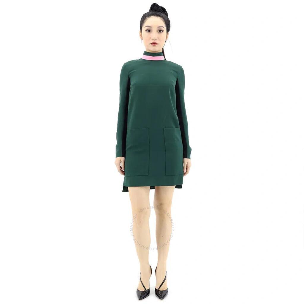 BURBERRY Ladies Long-sleeve Silk Wool Shift Dress In Dark Forest Green Product Image