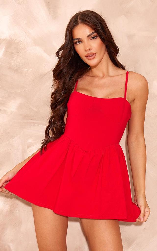 Red Stretch Woven Strappy Floaty Skort Romper Product Image