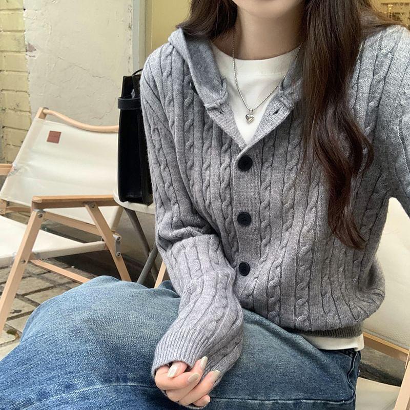 Plain Hooded Cable Knit Button-Up Cardigan Product Image