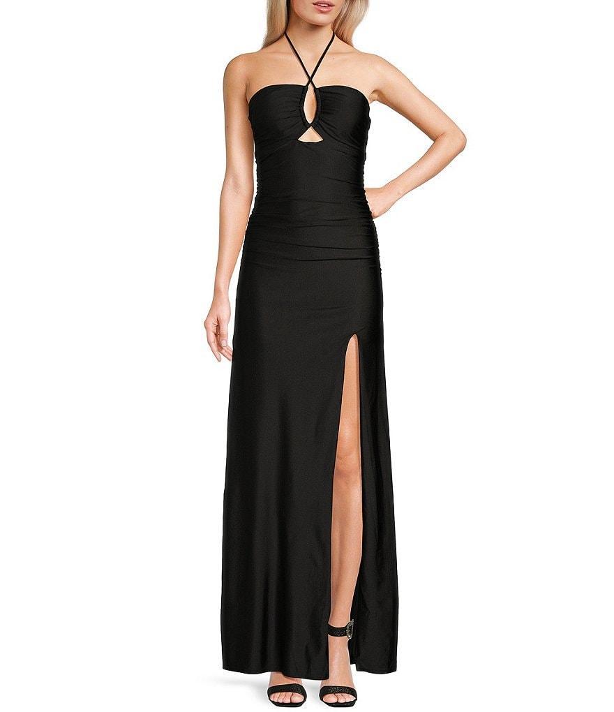 B. Darlin Keyhole Halter Shirred Long Dress Product Image