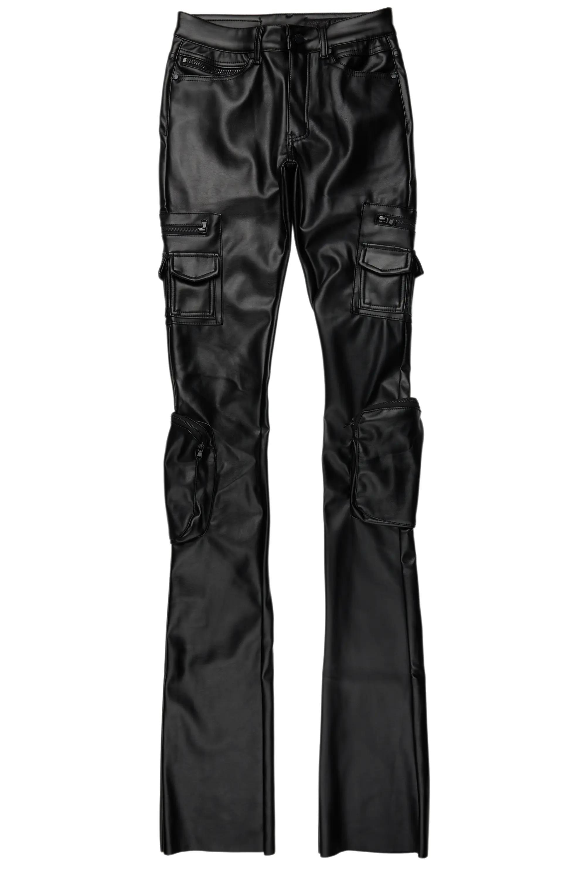 Sutton Jet Black PU Super Stacked Flare Jean Male Product Image