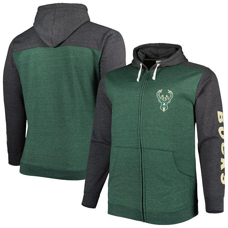 Mens Fanatics Branded Heathered Hunter Green/Heathered Black Milwaukee Bucks Big & Tall Down and Distance Full-Zip Hoodie Product Image