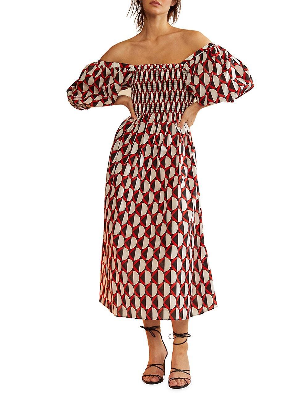 Womens Printed Smocked Cotton Voile Midi-Dress product image