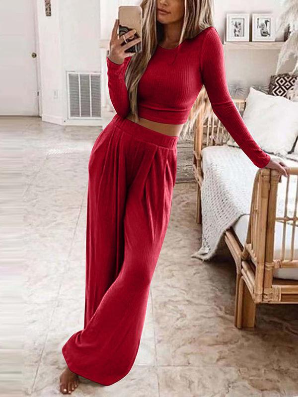 Plus Size Solid Color Round-Neck Long Sleeves Shirts Top + Pants Bottom Two Pieces Set Product Image